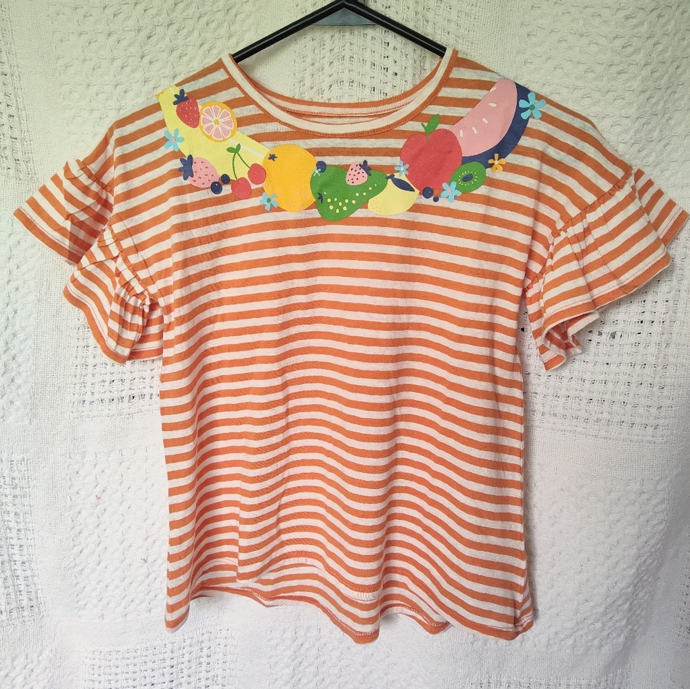 Tucker + Tate Size 8 Girls Flutter Sleeve Blouse Orange White Striped Fruit